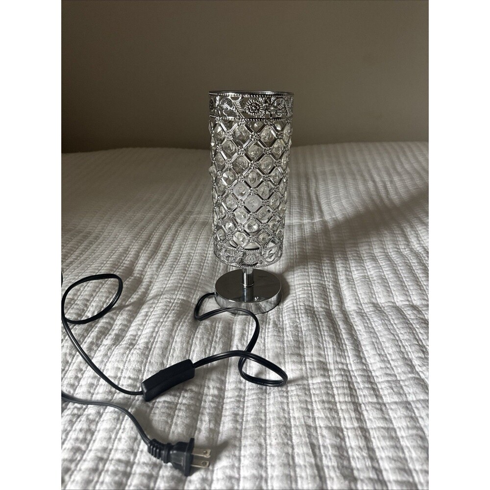 SINMILA Crystal Table Lamp Silver Metal Lattice Floral Cylinder Accent